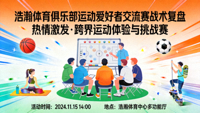 浩瀚体育俱乐部运动爱好者交流赛战术复盘：热情激发活动海报，展示跨界运动体验与挑战赛