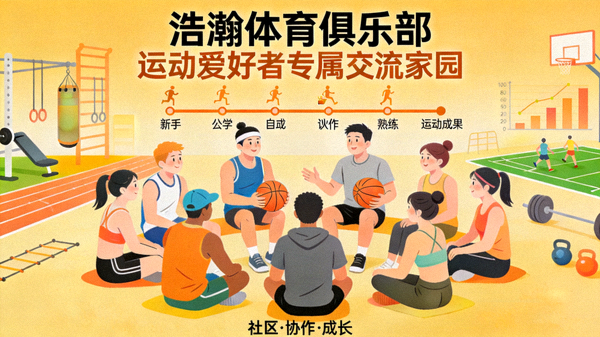 浩瀚体育俱乐部核心理念：运动爱好者专属交流家园的愿景图，包含社区、协作与成长元素