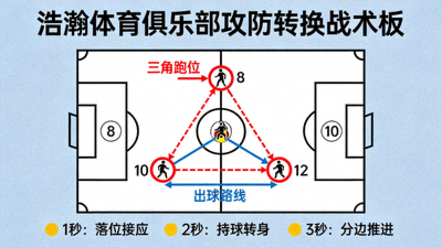 浩瀚体育俱乐部攻防转换战术板：由守转攻时中场球员的三角跑位与出球路线示意图，展示3秒内阵型展开的关键节点