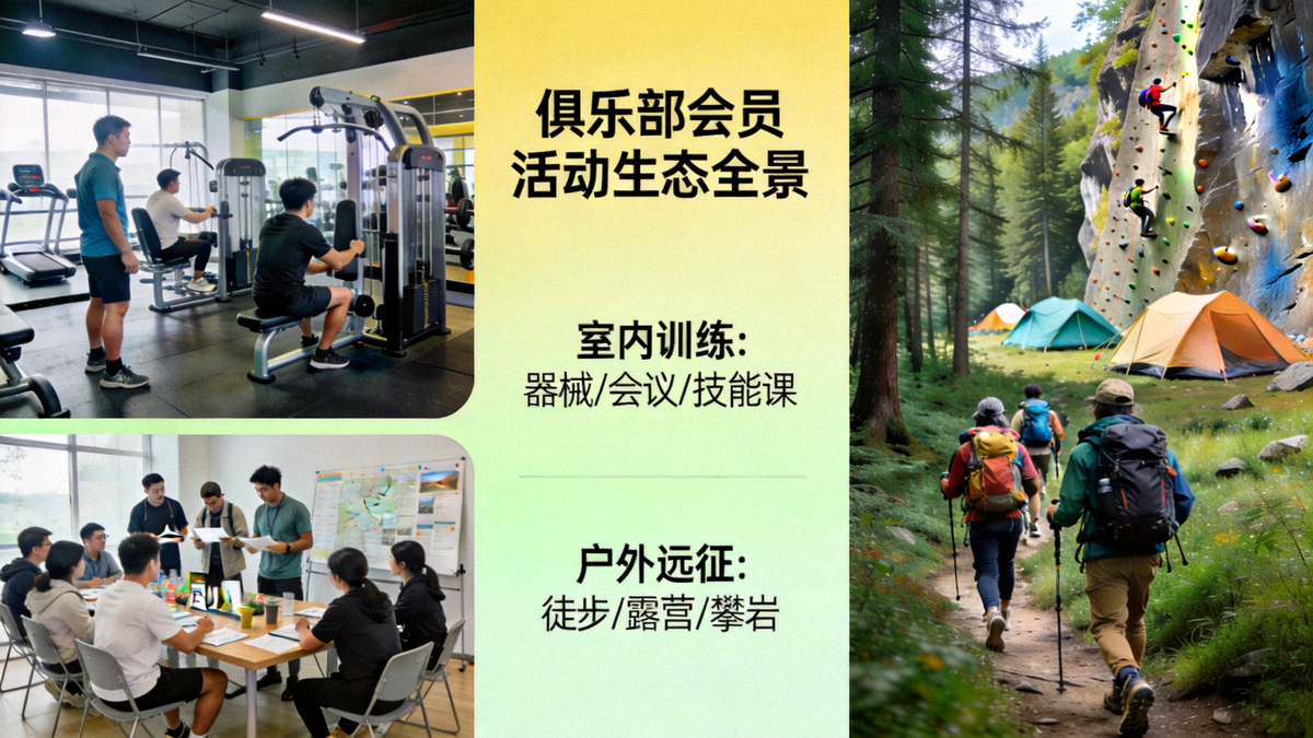 俱乐部会员参与多样化活动，从室内训练到户外远征，展示完整的会员生态与活动体系