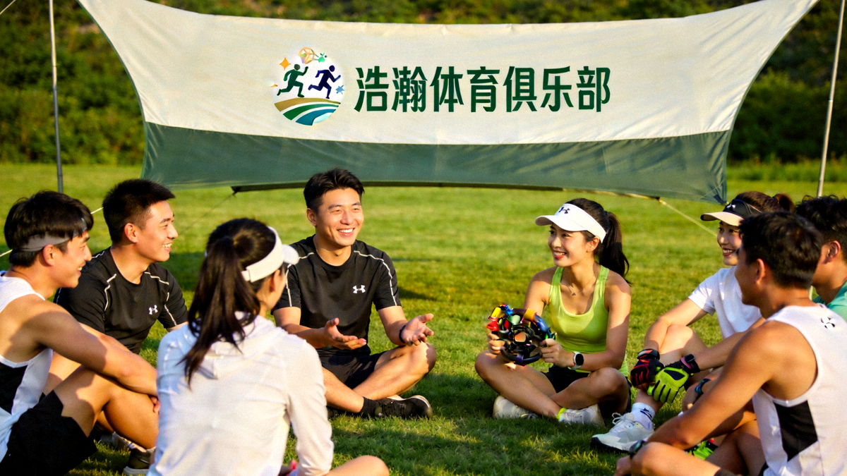 一群运动爱好者在草坪上围坐交流，背景是浩瀚体育俱乐部旗帜，象征交流与成长的家园氛围