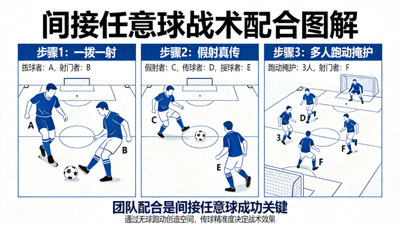 间接任意球战术配合图：展示通过一拨一射、假射真传以及多人跑动掩护创造射门空间的战术设计，强调团队配合在间接任意球中的重要性