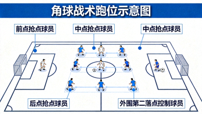角球战术跑位示意图：球员在禁区内形成三层进攻梯队，前点、中点、后点分别布置抢点球员，外围安排第二落点控制球员