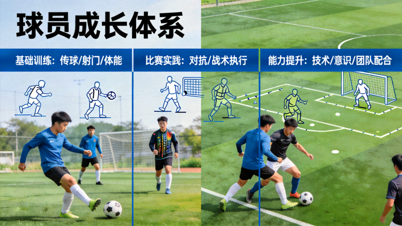 球员成长体系：年轻球员在俱乐部训练和比赛中逐步提升个人能力的场景