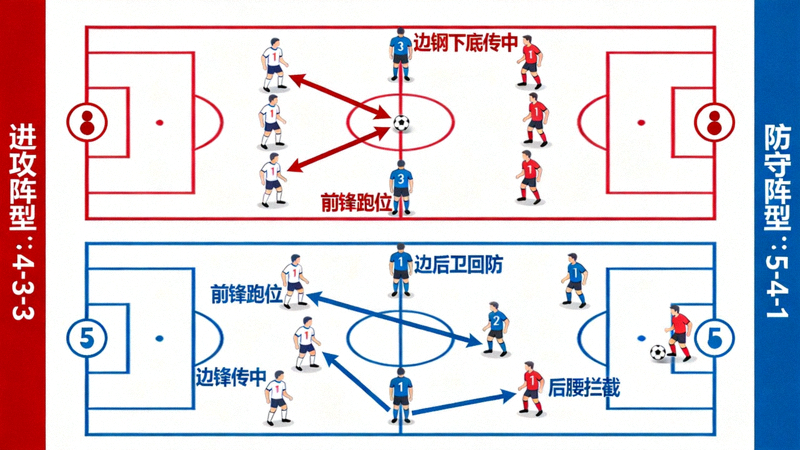 团队战术执行示意图：展示球队在进攻和防守时的整体阵型移动与球员跑位路线