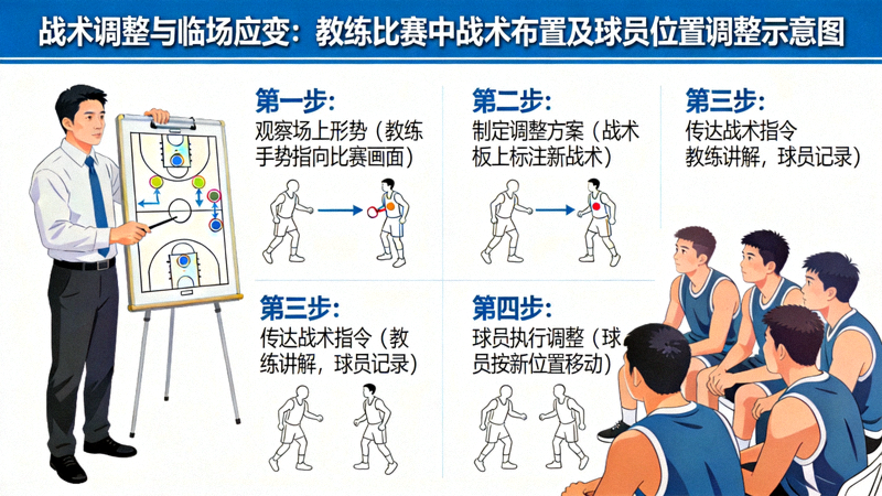 战术调整与临场应变：教练在比赛中进行战术布置和球员位置调整的示意图