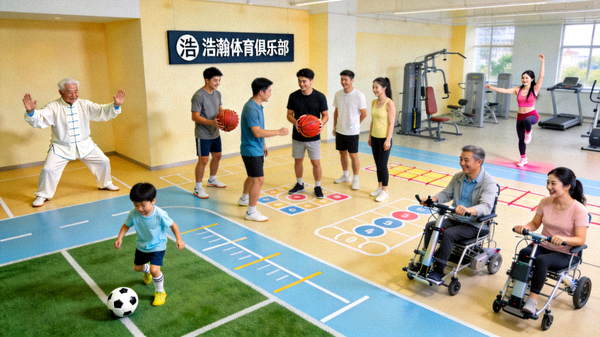 包容性社区枢纽场景：不同年龄、性别、背景的人们在浩瀚体育俱乐部和谐共处，共同参与运动，体现其作为包容性城市空间枢纽的价值