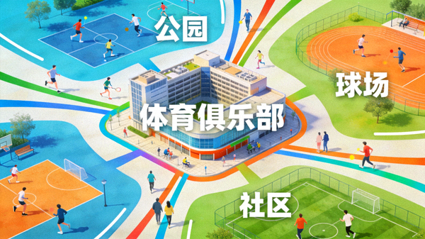 城市运动文化核心枢纽概念图：一座充满活力的城市中，体育俱乐部作为中心节点连接着公园、球场、社区和人群，象征着运动文化的汇聚与扩散