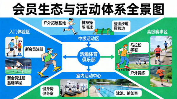 会员生态与活动体系全景图：从入门体验到高级赛事，从室内到户外，丰富多彩的活动围绕浩瀚体育俱乐部展开，展示其作为活动枢纽的全面性