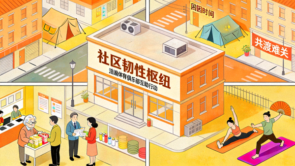 社区韧性枢纽概念图：在困难时期，浩瀚体育俱乐部成为社区支持网络的一部分，组织互助活动、提供运动减压课程，体现其作为社会韧性枢纽的深层价值