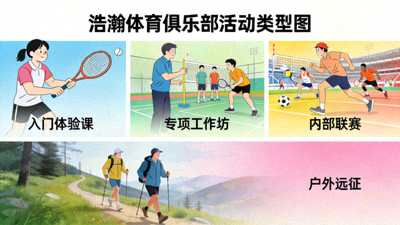 多样化活动类型图 - 展示浩瀚体育俱乐部提供的入门体验课、专项工作坊、内部联赛和户外远征等多种活动