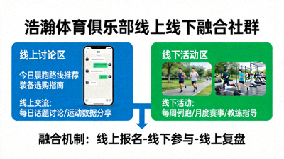 线上线下融合社群图 - 展示浩瀚体育俱乐部如何通过线上讨论与线下活动相结合的方式构建运动社群