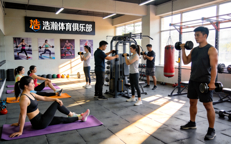浩瀚体育俱乐部日常活动场景 - 会员们正在进行晨练团体训练和技能工作坊学习