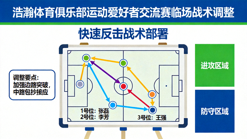 浩瀚体育俱乐部运动爱好者交流赛现场战术板示意图，展示临场战术调整