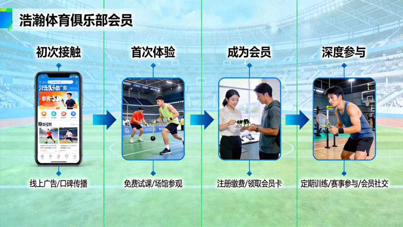 浩瀚体育俱乐部会员体验旅程地图，展示从初次接触到深度参与的完整路径
