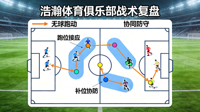 浩瀚体育俱乐部战术复盘：团队协作分析示意图，展示无球跑动与协同防守