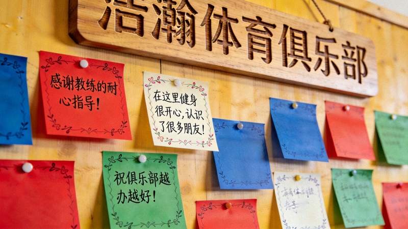 浩瀚体育俱乐部留言墙上贴满了会员手写的感谢与祝福卡片