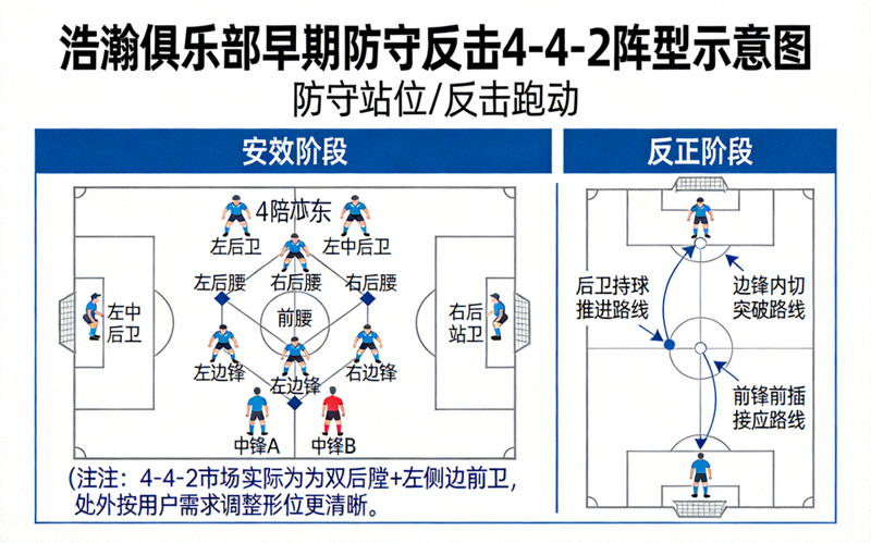 浩瀚俱乐部早期防守反击阵型示意图：展示4-4-2阵型下球员的防守站位与反击跑动路线