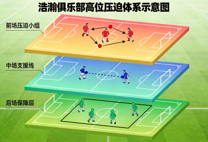 浩瀚俱乐部高位压迫体系示意图：展示前场压迫小组的协同移动、中场支援线与后场保障层的立体结构