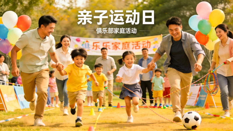 俱乐部组织的亲子运动日，家庭成员共同参与，其乐融融